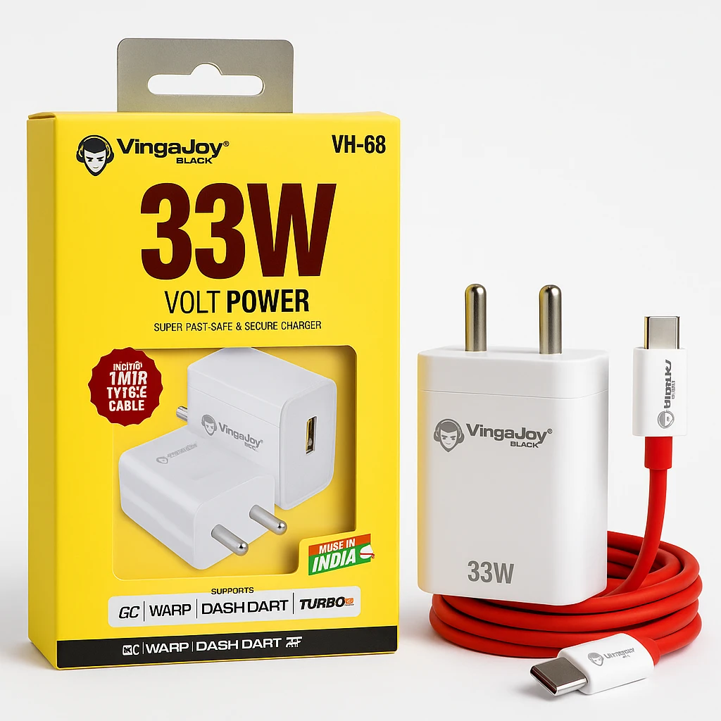 🟨 VingaJoy Black 33W Super Fast Charger (VH-68) – Type-C Cable Included