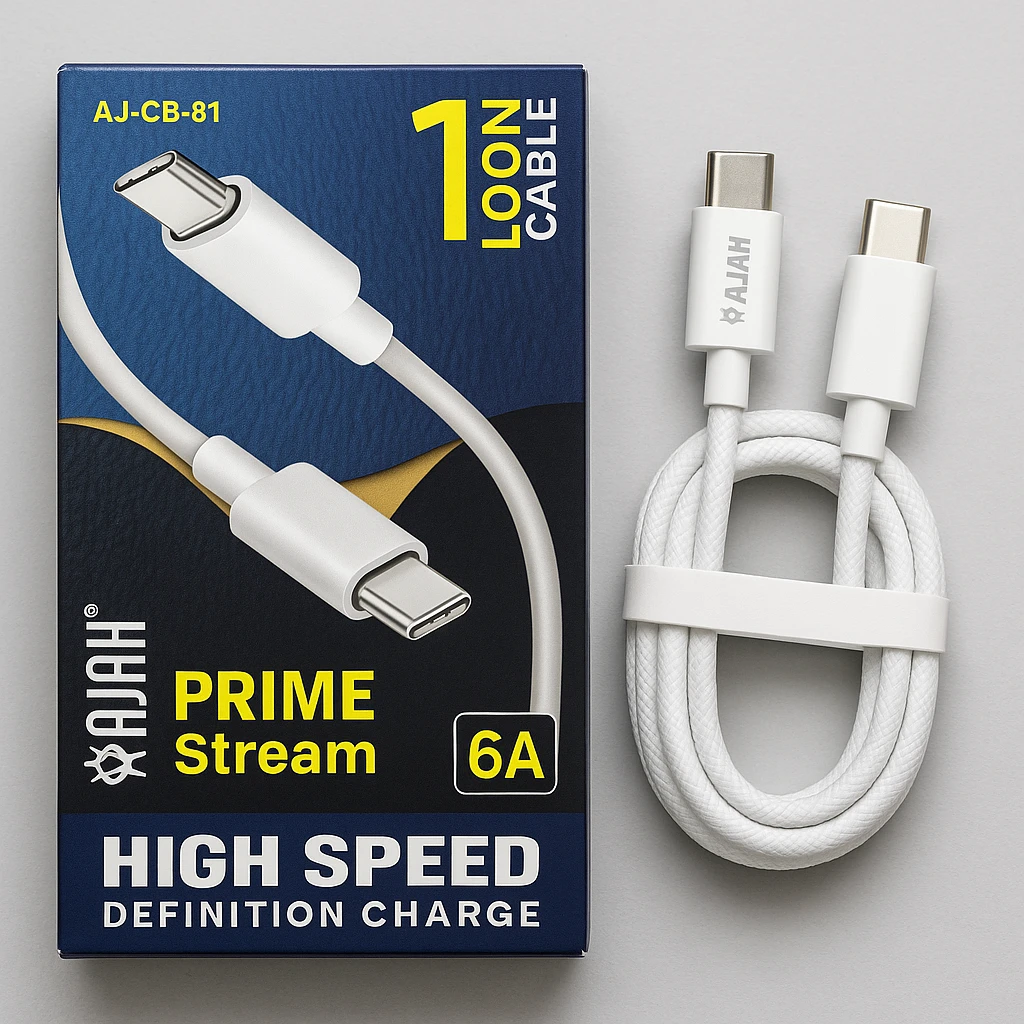 AJAH Prime Stream 6A Type-C to Type-C SuperFast Charging Cable (1 Meter, High Speed, Braided)